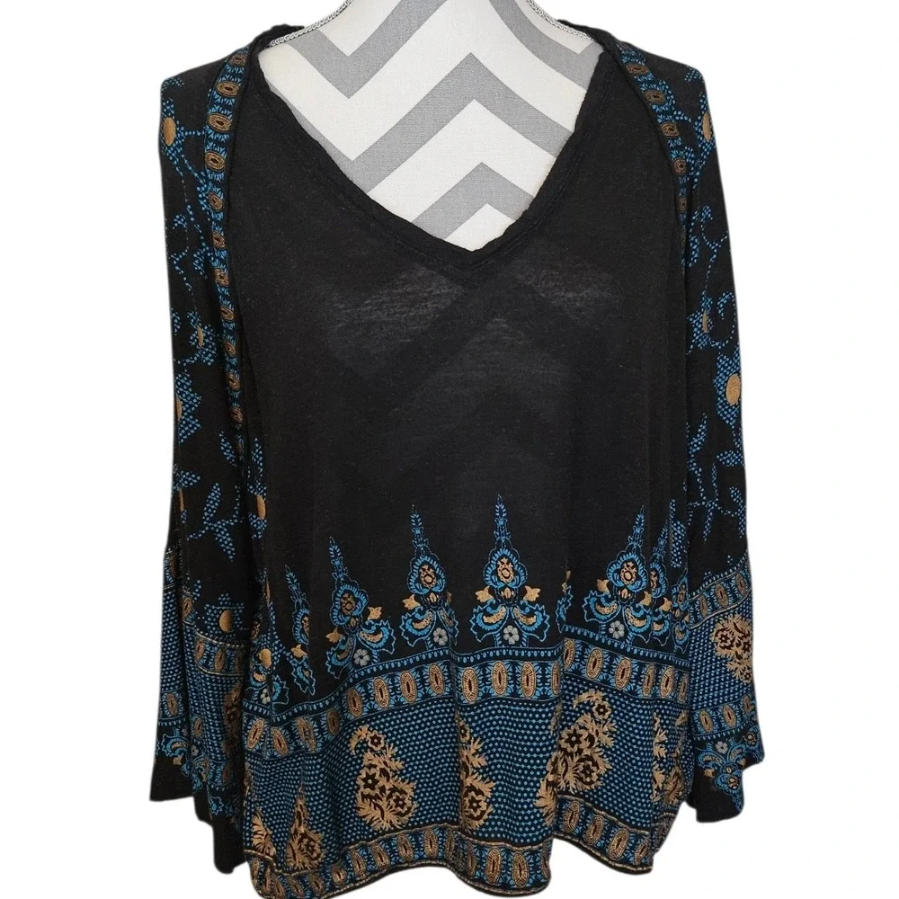 Free People Womens Boho Paisley Border Print V-Neck Linen Blend Top Black Medium